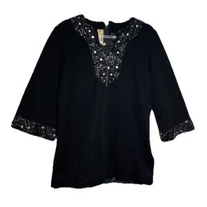 Vintage Banff Ltd Gianni Ferri 1950s Black Wool Tunic Beaded‎ Top Womens Size 8